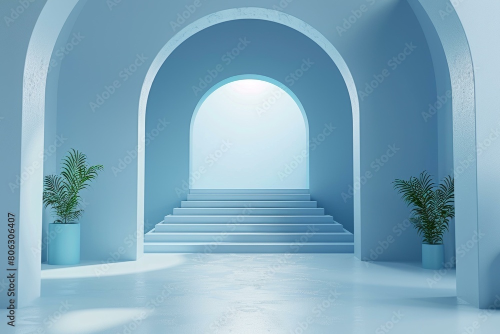 Blue abstract background with archways and stairs