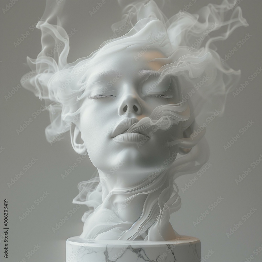 Mannequin female elegant hand gesture, woman's head made of white marble with smoke flowing around it, abstract surreal dreamlike ethereal delicate Mannequin female elegant hand gesture, woman's head made of white marble with smoke flowing around it, abstract surreal dreamlike ethereal delicate