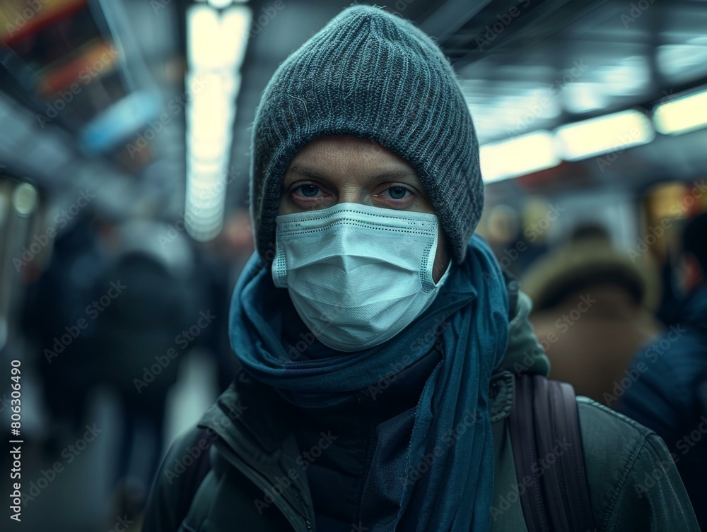 Man wearing a mask in a crowded subway station Man wearing a mask in a crowded subway station