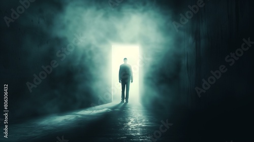 Obscurity concept  dark figure standing in front of bright light at end of tunnel  journey life death afterlife heaven