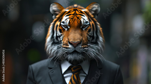 Majestic tiger prowls through city streets adorned in tailored sophistication, embodying street style. photo