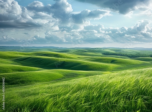 Green rolling hills under a blue sky with clouds