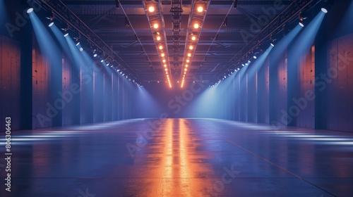 empty fashion runway with blue and orange lights  glamour luxury event performance entertainment