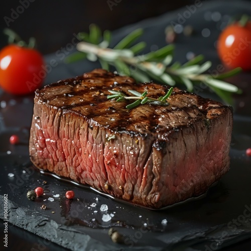 A delicious juicy steak on a black plate photo