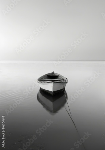 Black and white photo of a boat on a calm lake