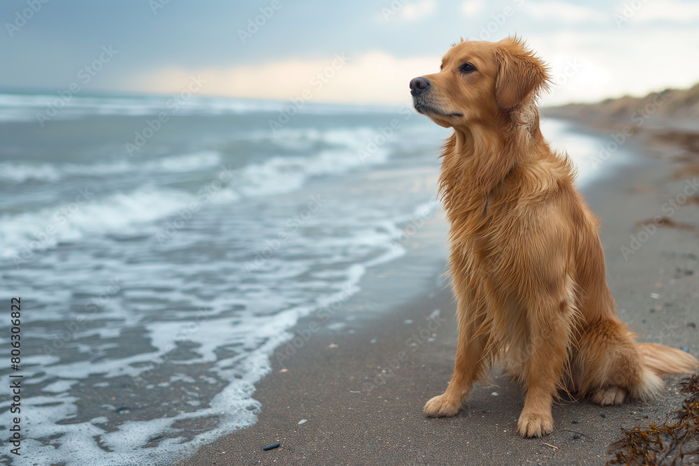 Happy golden retriever on the beach Happy golden retriever on the beach