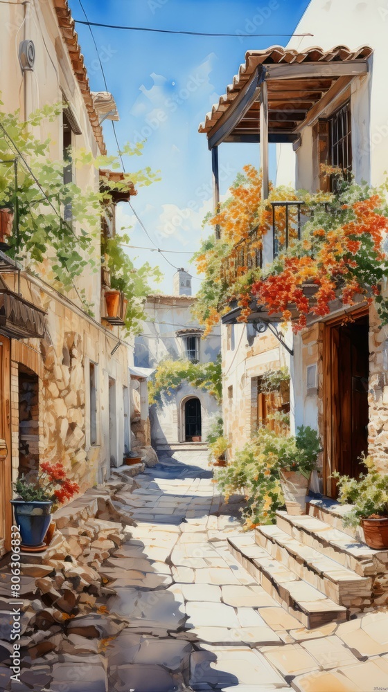 A narrow street with stone houses and flowers A narrow street with stone houses and flowers
