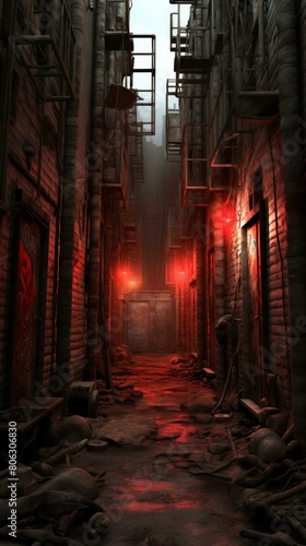 A dark and gloomy alleyway with red lights