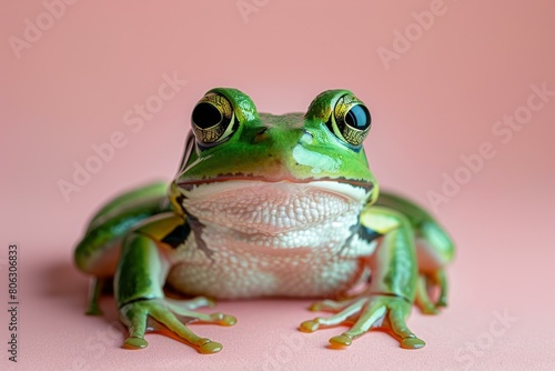A green frog sits on a pink background photo