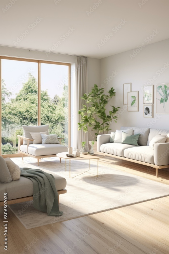 Fototapeta premium Bright living room with large windows and green plants