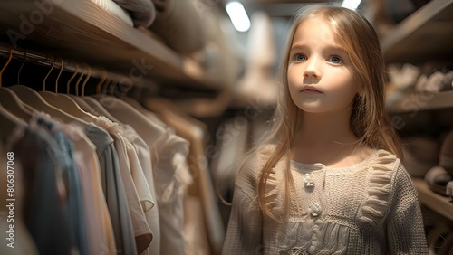 Young girl in a stylish closet filled with fashionable childrens clothes. Concept Fashion, Kids' Clothing, Stylish Closet, Children's Fashion, Photo Shoot