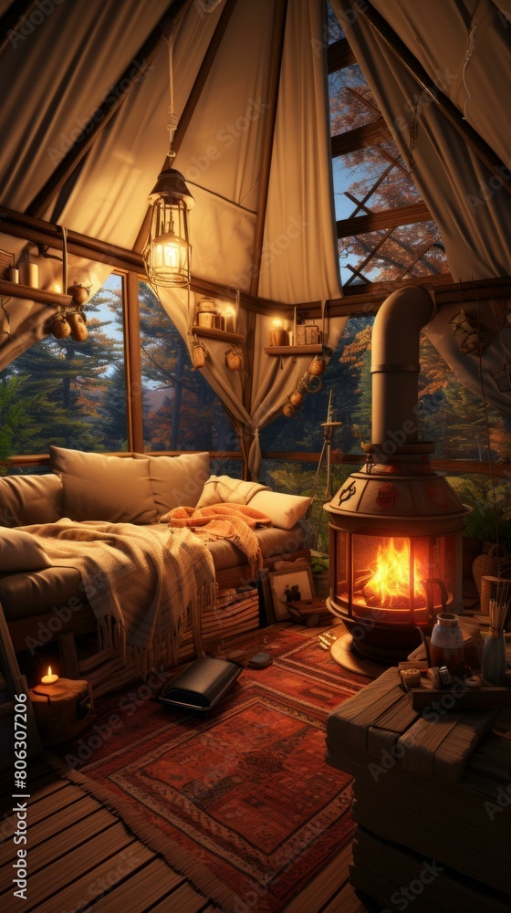 Cozy living room with fireplace and forest view Cozy living room with fireplace and forest view