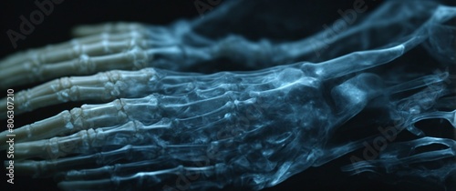 Detailed X-ray of human hands, bones visible, soft blue on black background, medical diagnostic