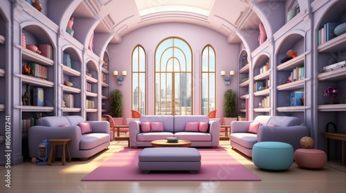A beautiful living room with a large window and a pink sofa