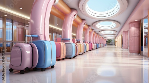 Pastel pink and blue suitcases in a futuristic airport photo
