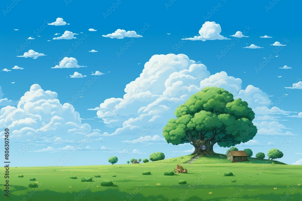 fantasy landscape with a giant tree and a small house