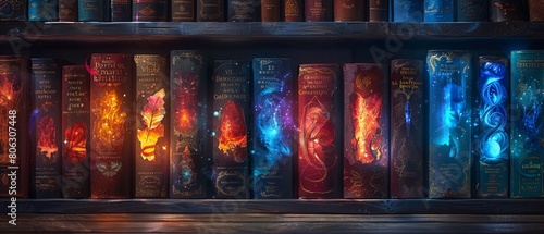 Books on a magical shelf, their covers unfurling into epic tales and landscapes, offering readers a glimpse into their enchanting worlds