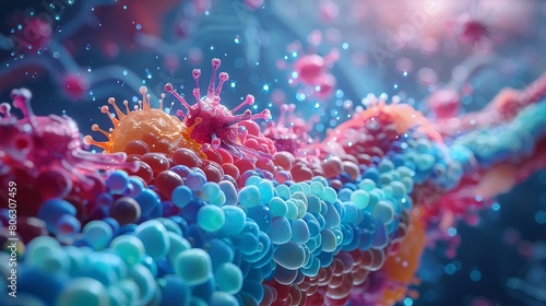Closeup animation of watersoluble vitamins B and C being absorbed through the intestinal wall, showing molecular interaction photo