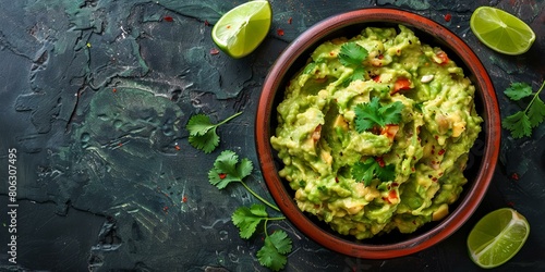 Homemade fresh green guacamole with ingredients on dark background photo