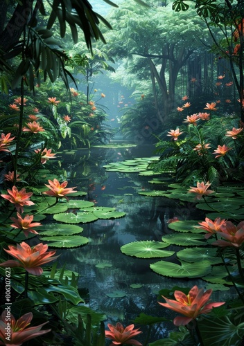Mystical jungle river with giant flowers