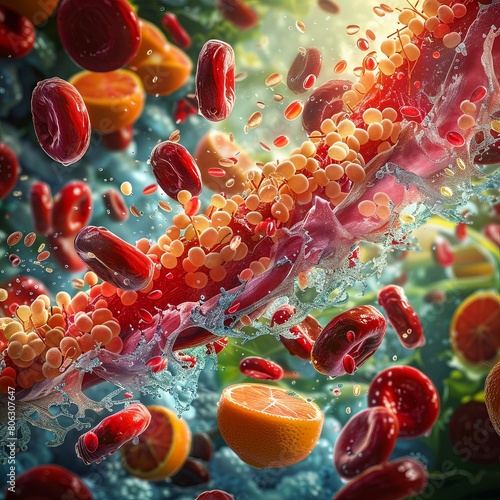 Illustrated sequence of vitamin C entering the bloodstream, focusing on its antioxidant action in cellular environments