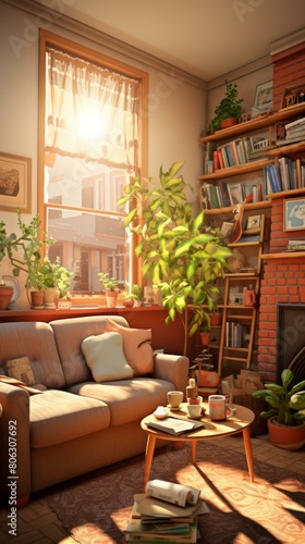 Cozy living room interior with sofa  coffee table  bookshelves  plants and fireplace