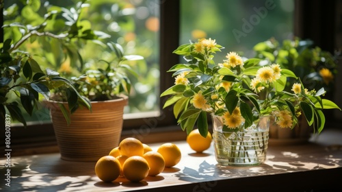 Still life with lemons and yellow flowers photo