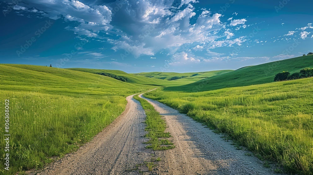 Scenic view of a rural road through a lush green hilly landscape Scenic view of a rural road through a lush green hilly landscape