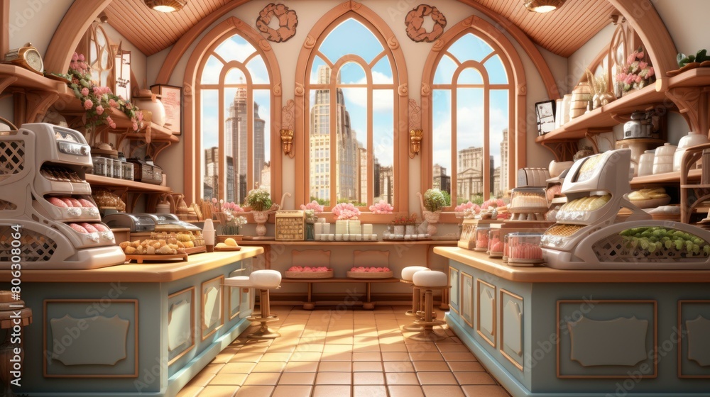Obraz premium An illustration of a bakery with a city view