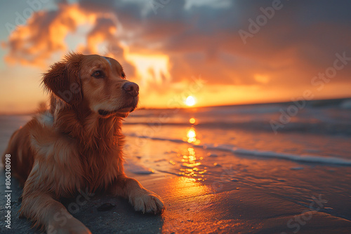 Happy golden retriever on the beach