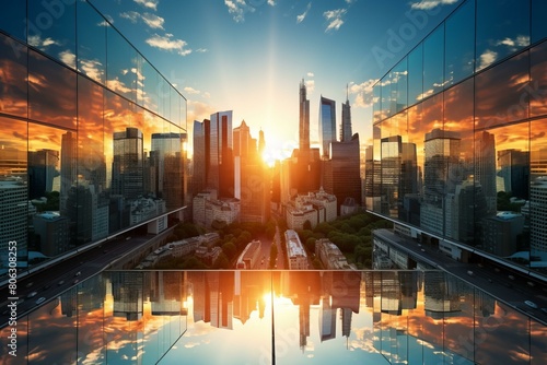 Stunning sunset over a modern city with skyscrapers made of glass reflecting the sky © Adobe Contributor