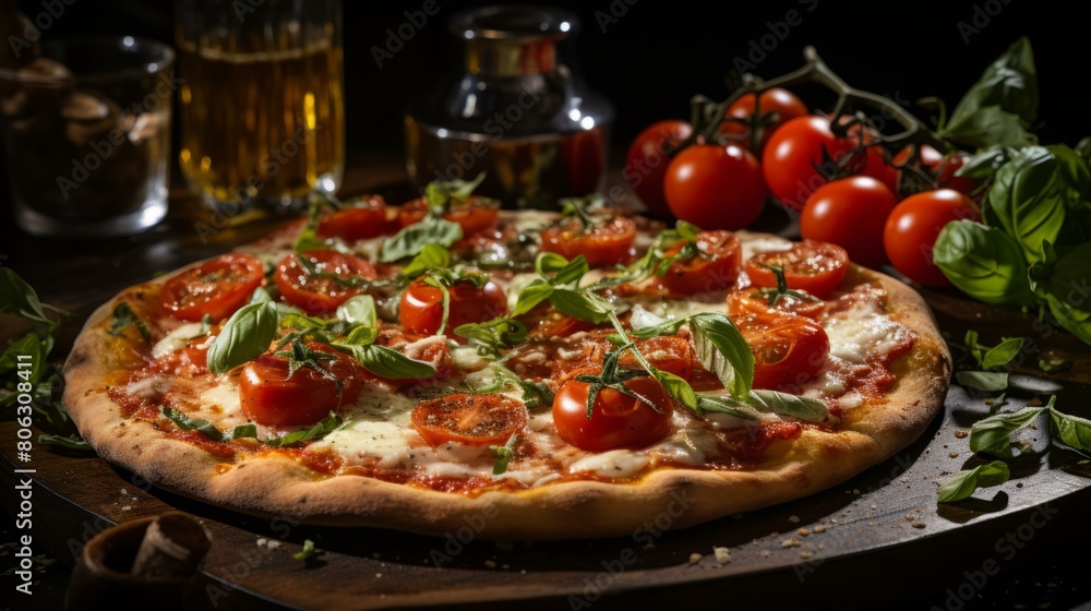 Pizza with tomatoes, basil, and cheese