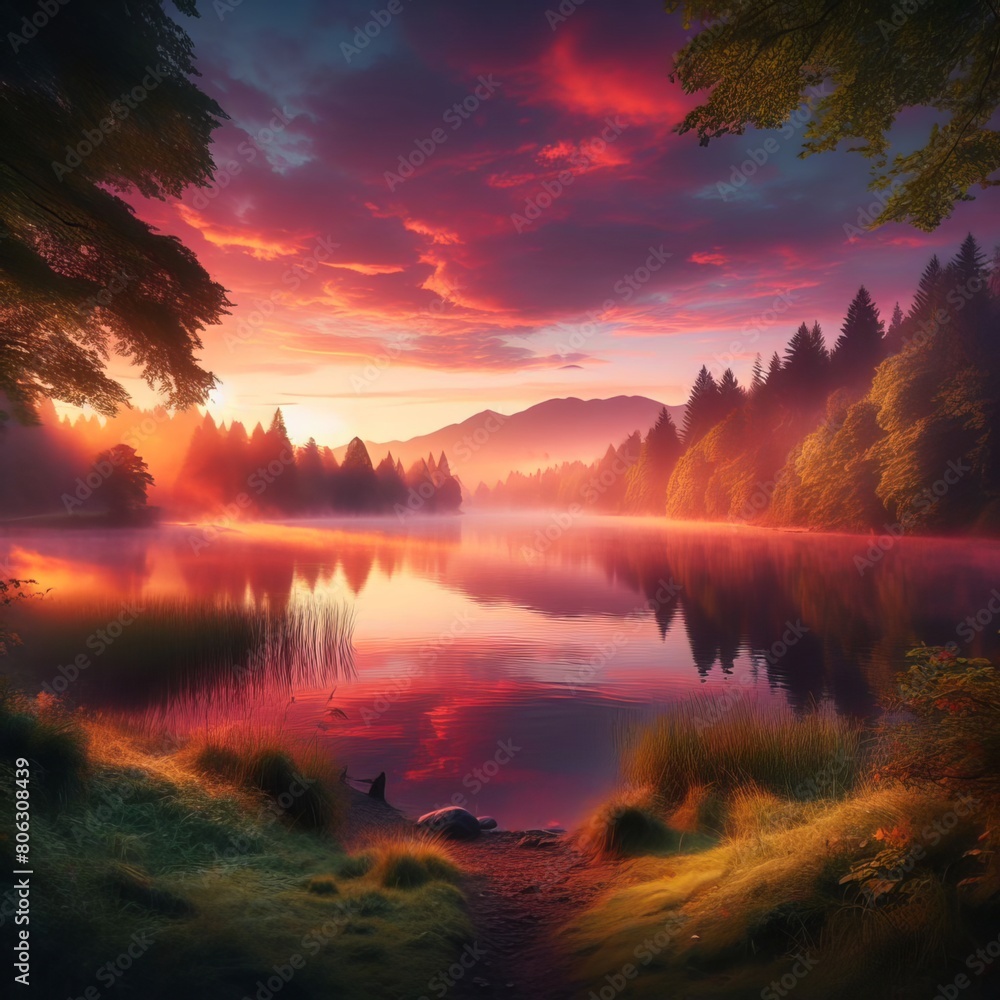 A serene lakeside scene with mist rising from the water at dawn, reflecting the colorful hues of the sunrise