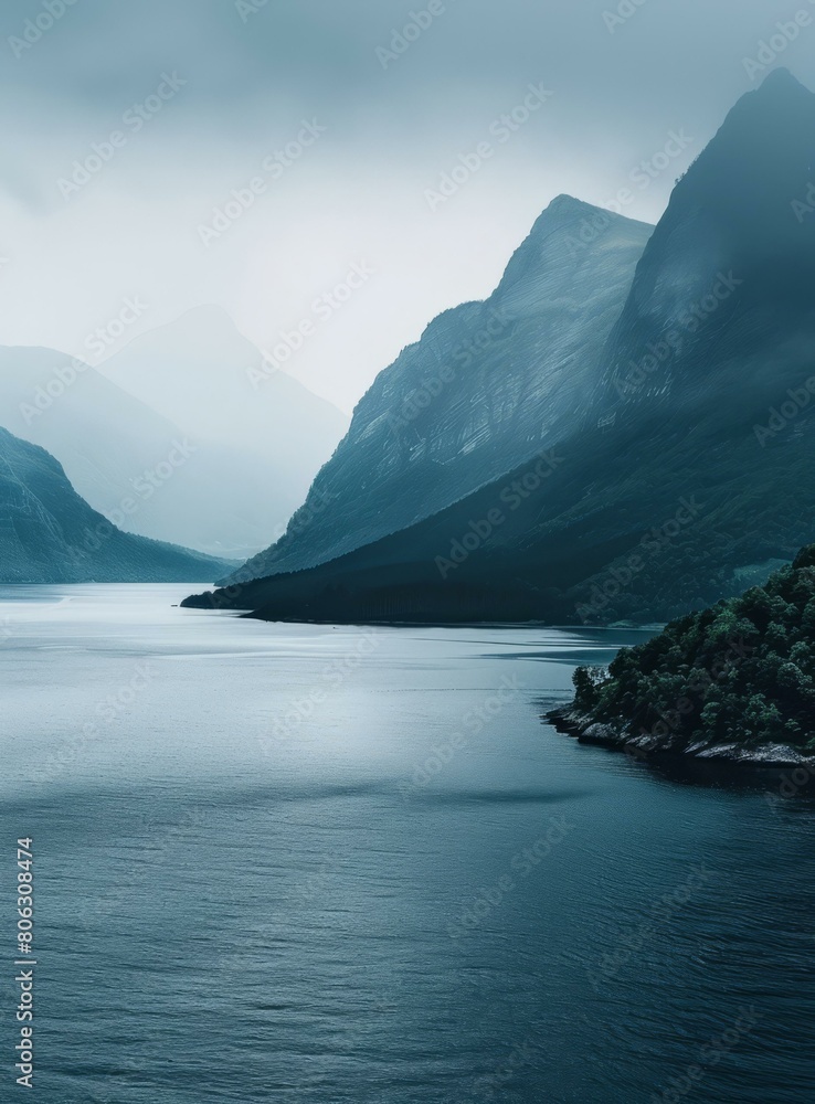 Obraz premium Misty mountains and calm water of a lake or fjord in Norway