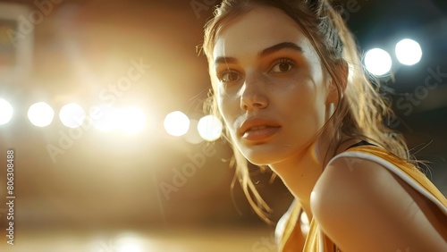 Anonymous female basketball player at center court line on sunny day. Concept Sports Photography, Female Athlete, Basketball Court, Sunny Day, Anonymous Portrait
