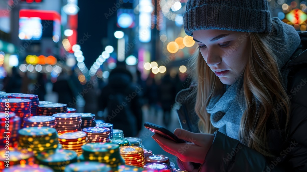 Fototapeta premium Excited gamer holding smartphone with online casino app interface, playing games on mobile device