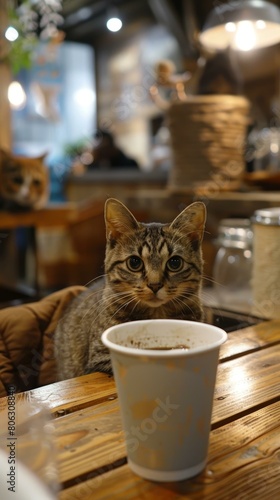 A cat is sitting on a table in a cafe
