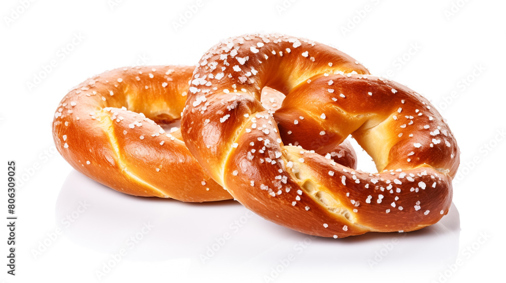 Freshly baked homemade soft pretzel with salt on white background.
Freshly baked homemade soft pretzel with salt on white background.