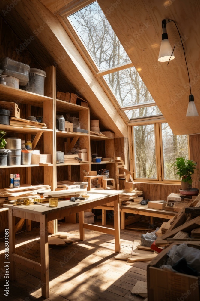 A well-organized wood workshop with natural sunlight A well-organized wood workshop with natural sunlight