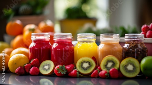 jars of fresh fruit juice and the fruit they are made from