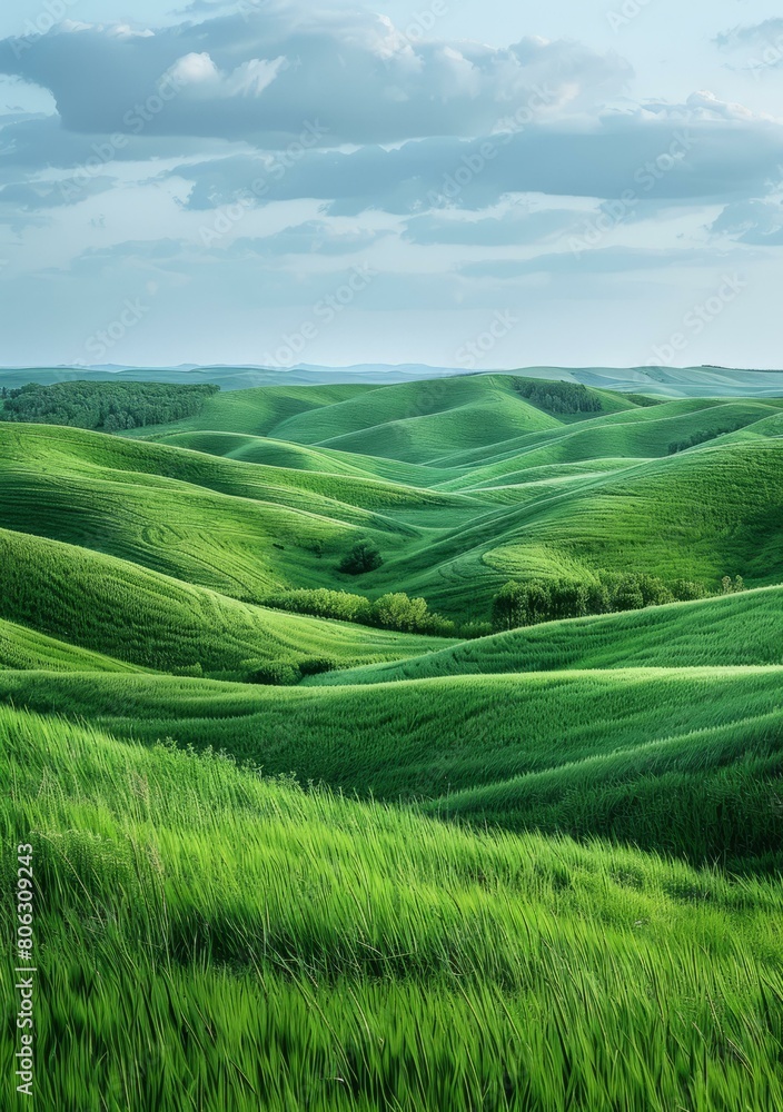 Fototapeta premium Green rolling hills under a blue sky