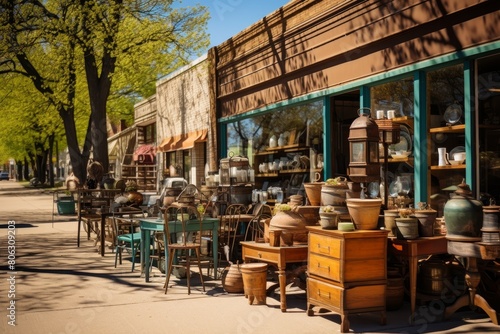 Vintage Thrift Store Displaying a Variety of Second-Hand Items and Clothing on a Bright Day