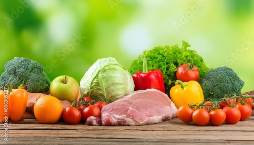 closeup of vegetables fruits and meat on wooden table over green natural background