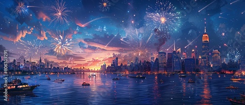 Illustration of the New York City skyline at dusk, with the sky lit up in red, white, and blue for Independence Day 8K , high-resolution, ultra HD,up32K HD
