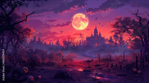 fantasy landscape with a haunted castle and a full moon