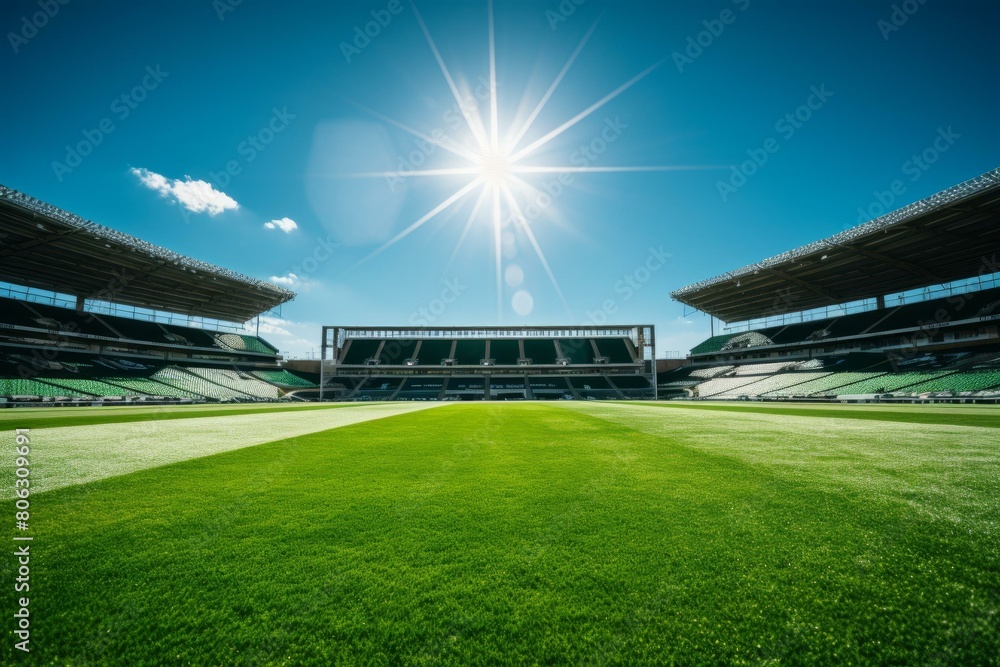An empty soccer stadium with bright sunlight An empty soccer stadium with bright sunlight