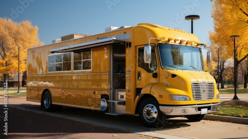 A yellow food truck is parked in a college campus.