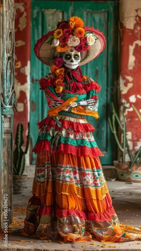 A woman wearing a traditional Mexican dress with a skull-painted face