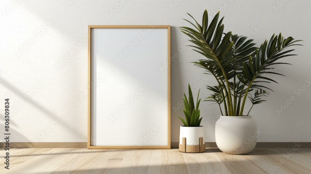 Minimalist interior with a wooden frame mockup and a potted plant