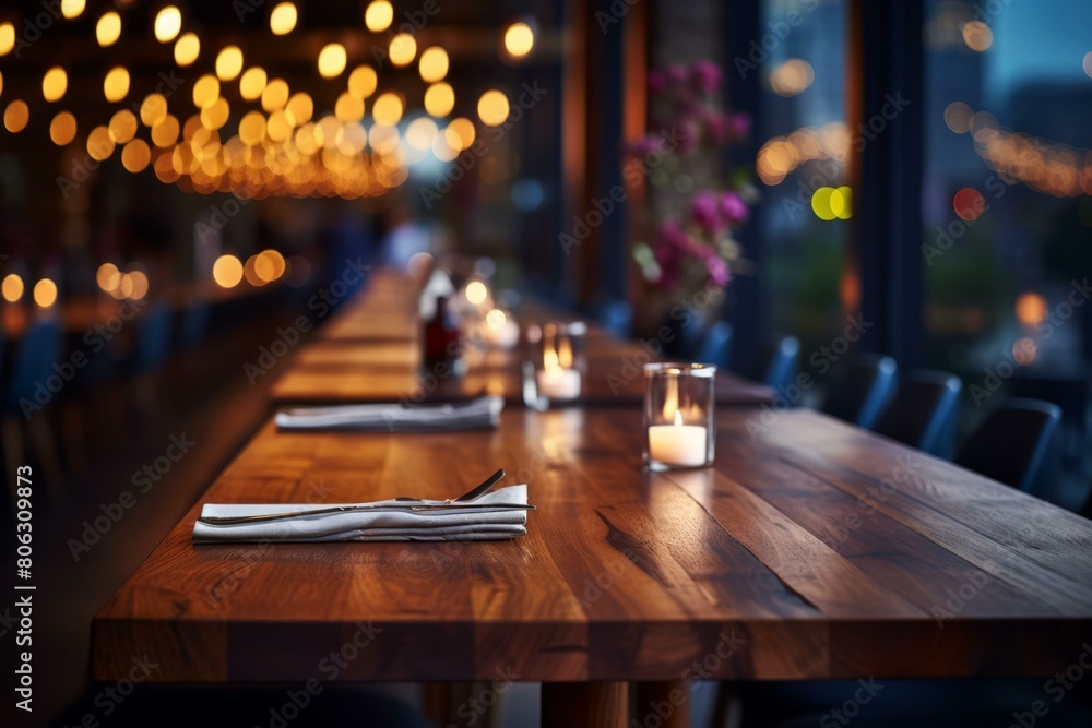 Long wooden table set with silverware and candles in a restaurant